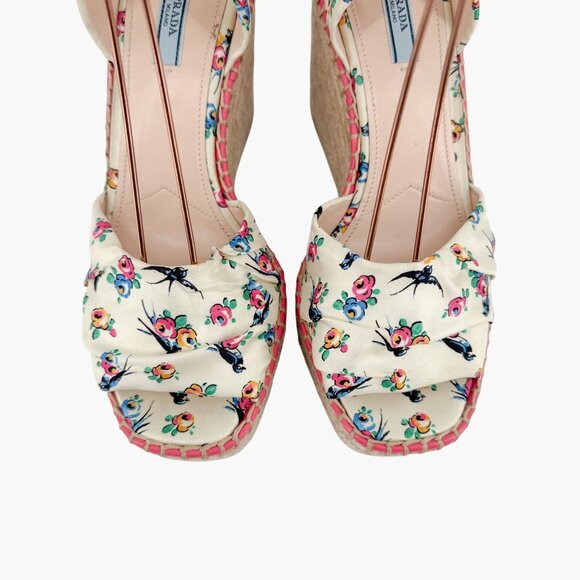 Prada Floral Espadrille Wedge Sandals Size 40 US 10 Ivory Satin Platform Wrap - Picture 4 of 15